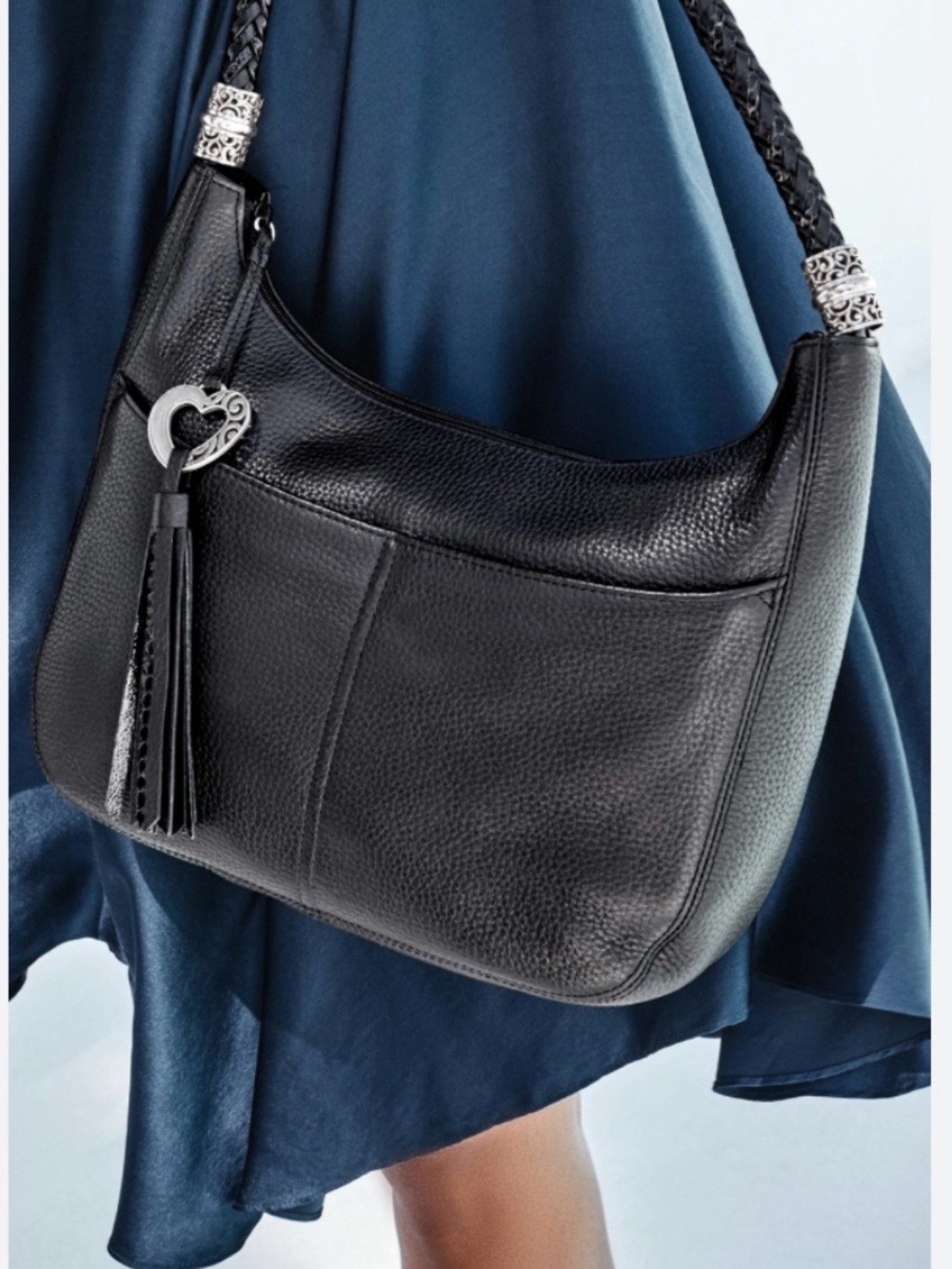 Brighton Barbados Black Leather Hobo Shoulder Bag Braided Strap Like New - Picture 3 of 16